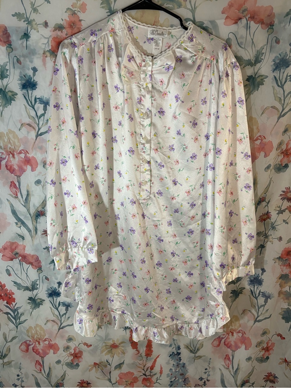 Vintage-Inspired White Floral Nightgown with Lavender Print